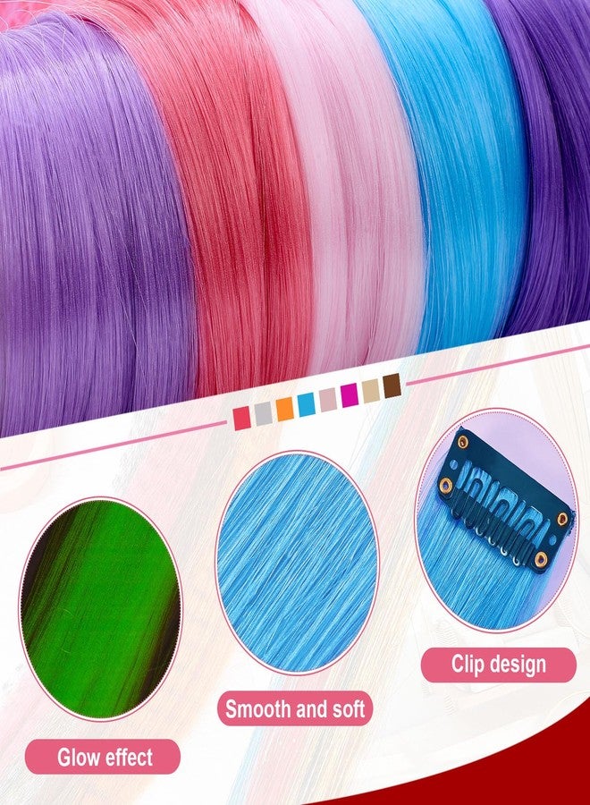 Juinte 20 Pcs Glow in The Dark Colored Hair Extensions 20 Inch Straight Color Clip Rainbow Halloween Party Hairpiece for Women, 10 Color(Dark Purple, Blue, Pink, Watermelon Red, Light Purple) - Image 4